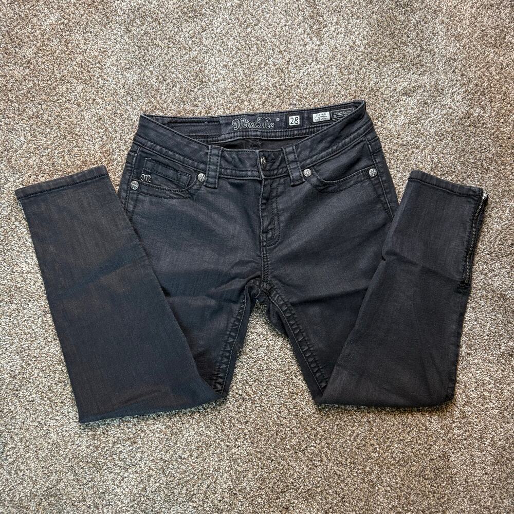 Miss Me Black Mid-Rise Crop Skinny Subtle Shine Zipper Ankles Grunge Jean Trendy - Picture 2 of 10